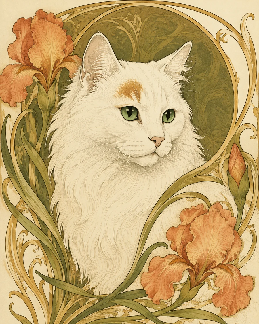 Cat in an Art Nouveau botanical lithograph pet portrait concept