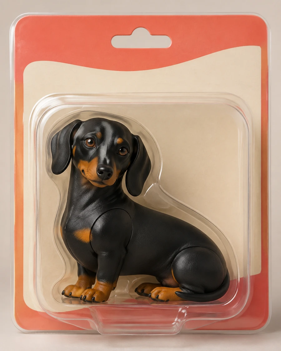 Black-and-tan dachshund as a molded vinyl collectible sample in clear display packaging