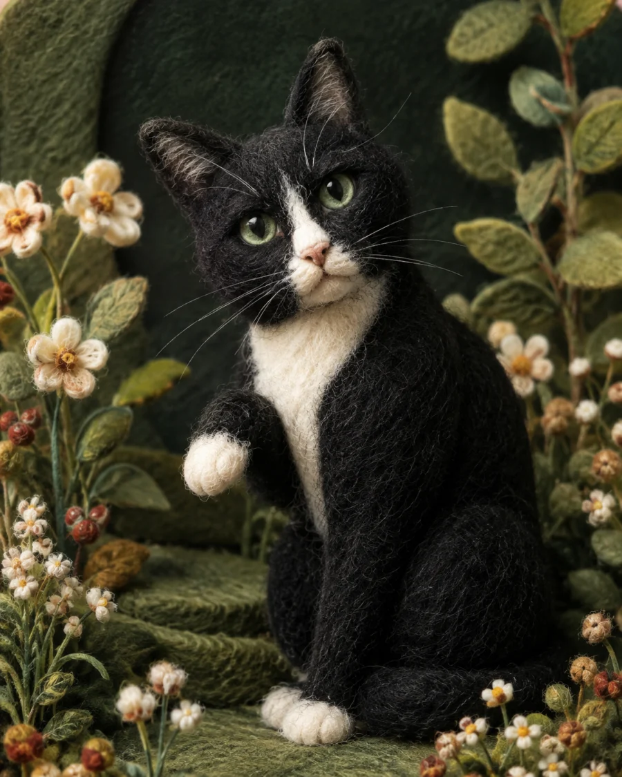 Tuxedo cat in a handcrafted needle-felt garden pet portrait concept