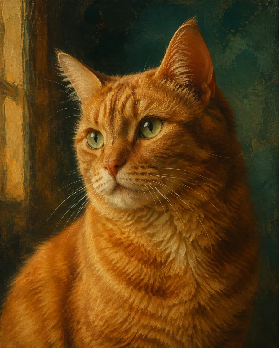 Orange tabby cat in a contemporary gallery oil-painting pet portrait concept
