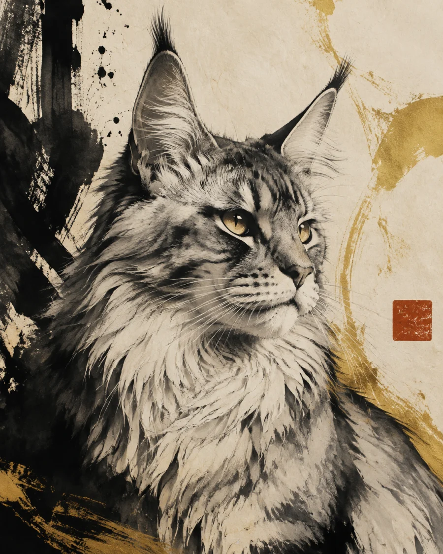 Silver Maine Coon cat in an expressive ink and gold pet portrait concept