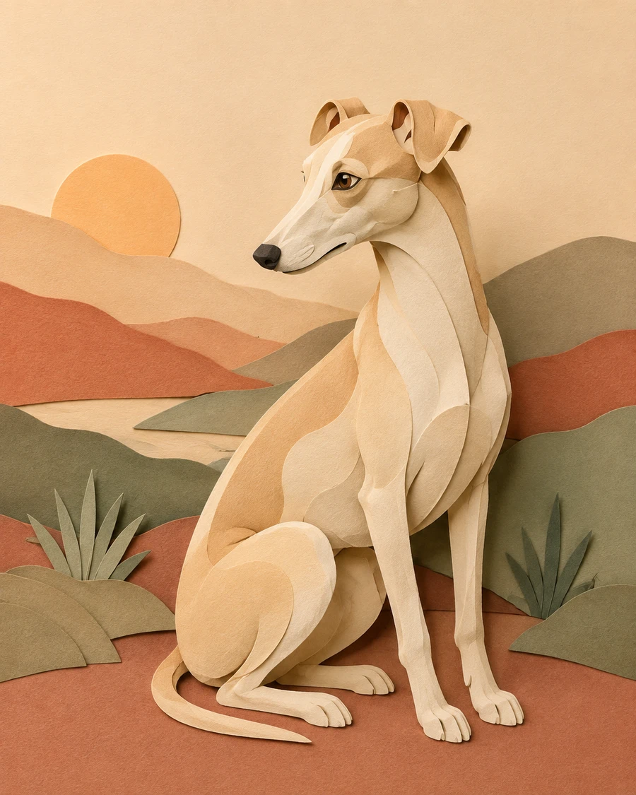 Cream-and-tan whippet assembled from layered paper in a cut-paper landscape concept