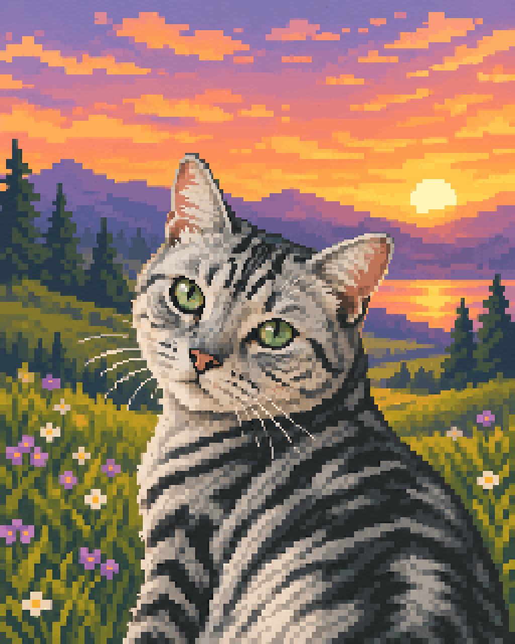 Green-eyed silver tabby cat in a sunset meadow pixel portrait sample