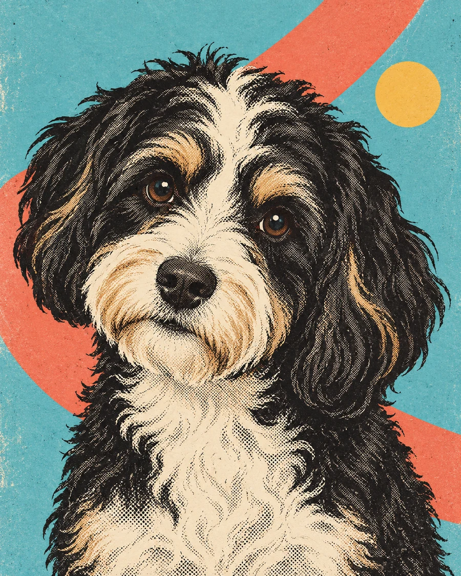 One black, white and tan dog in a bold single-subject pop-art screenprint portrait concept