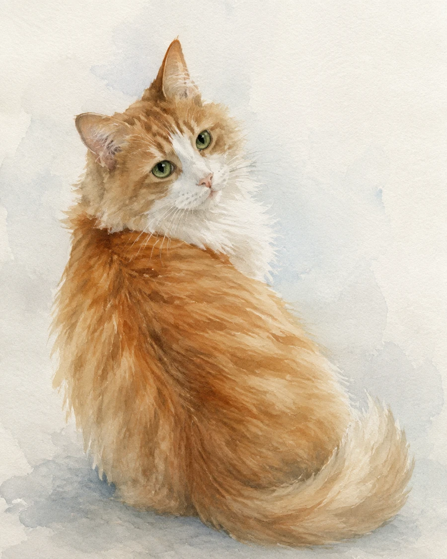 Ginger-and-white cat turning back in a transparent layered watercolor concept
