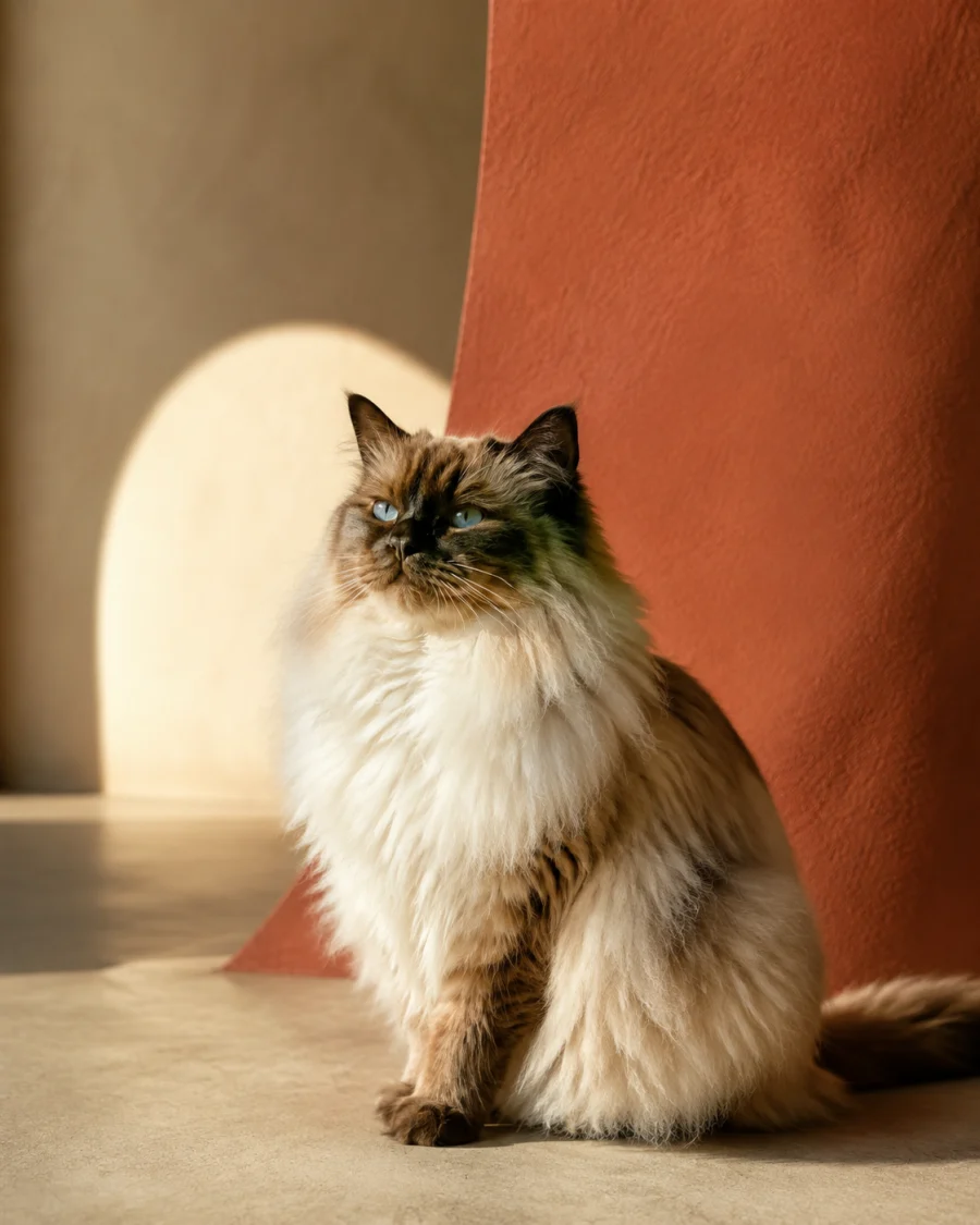 Long-haired ragdoll cat in a sunlit clay and cream editorial pet portrait concept